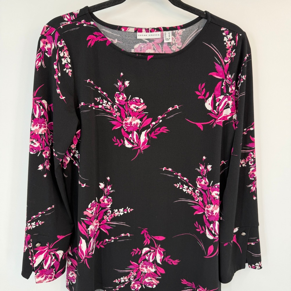 Susan Graver Black Pink Floral Liquid Knit Peplum Back Tunic Top Small Feminine - Picture 2 of 10
